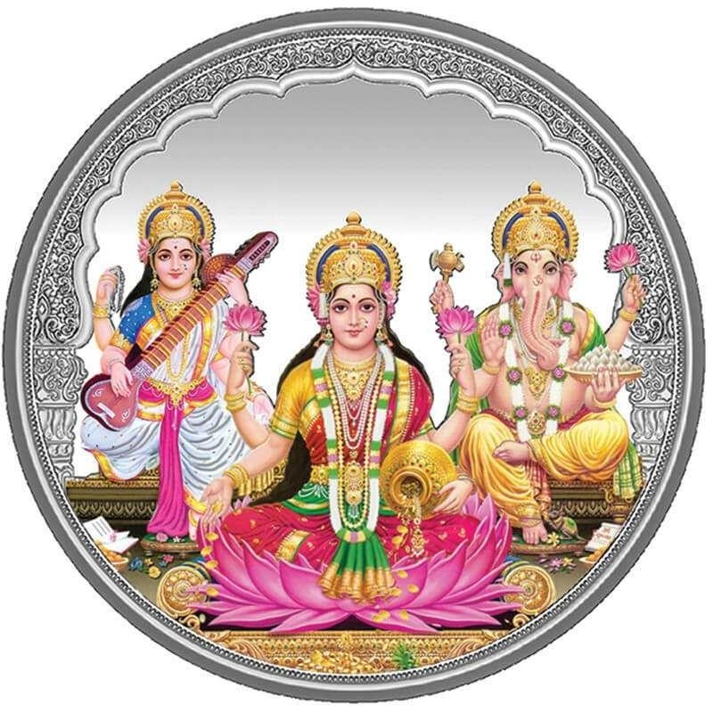 20 grams Trigod Saraswati Lakshmi Ganesh Coloured Silver Coin - 1