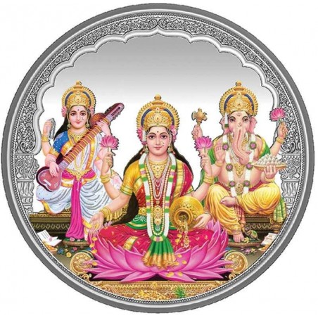 10 grams Trigod Saraswati Lakshmi Ganesh Coloured Silver Coin - 1